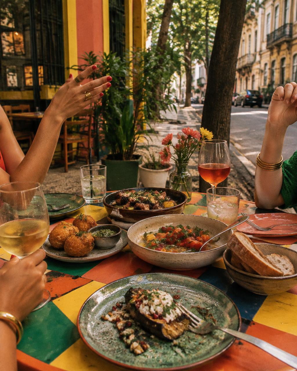Mesa colorida com pratos compartilhados na calçada